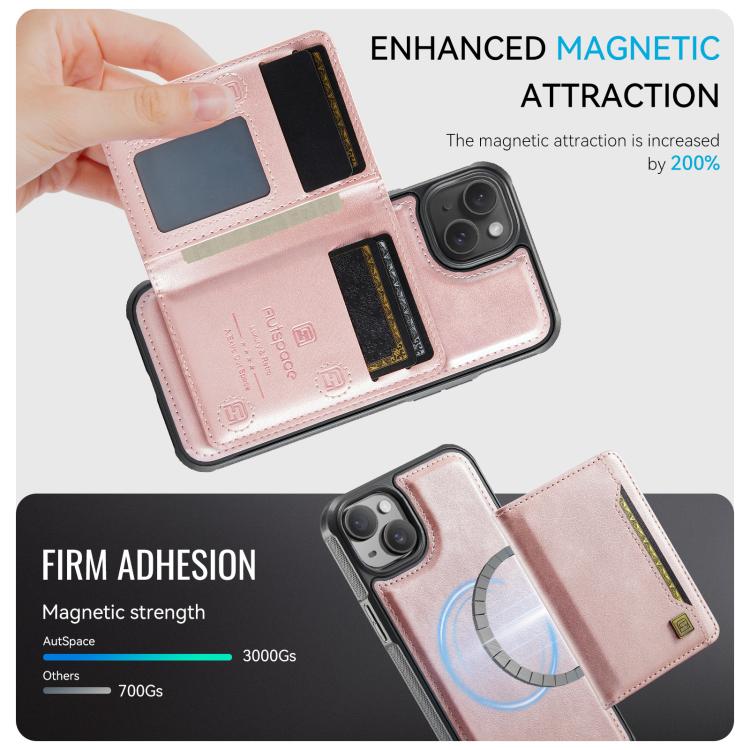 For iPhone 15 AutSpace A13 MagSafe Magnetic RFID Flip Card Bag Phone Case