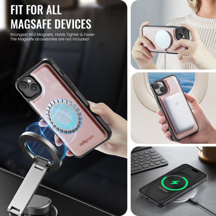 For iPhone 15 AutSpace A13 MagSafe Magnetic RFID Flip Card Bag Phone Case