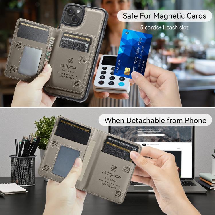 For iPhone 15 AutSpace A13 MagSafe Magnetic RFID Flip Card Bag Phone Case