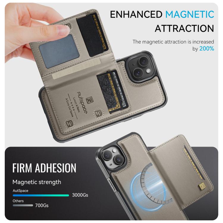 For iPhone 15 AutSpace A13 MagSafe Magnetic RFID Flip Card Bag Phone Case