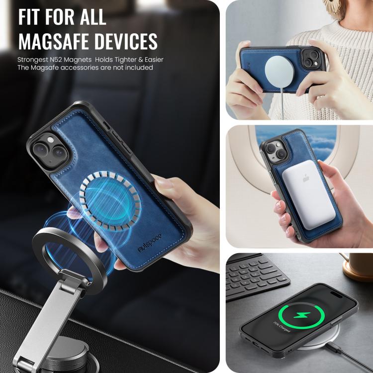 For iPhone 14 Plus AutSpace A13 MagSafe Magnetic RFID Flip Card Bag Phone Case