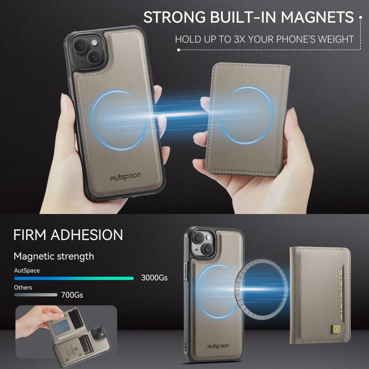 For iPhone 14 Plus AutSpace A13 MagSafe Magnetic RFID Flip Card Bag Phone Case