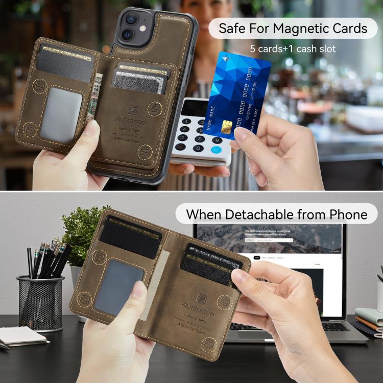 For iPhone 12 AutSpace A13 MagSafe Magnetic RFID Flip Card Bag Phone Case