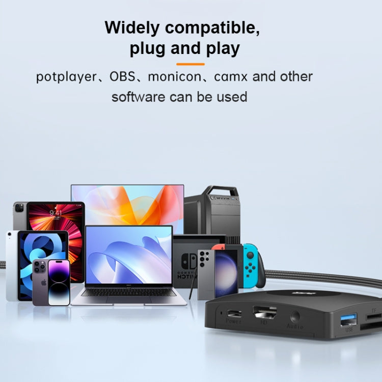 YCE-Z70A Type-C to PD 3.0, USB 3.0x2 + SD/TF, 3.5mm and HD1.4 Docking Station Video Capture Card - Black