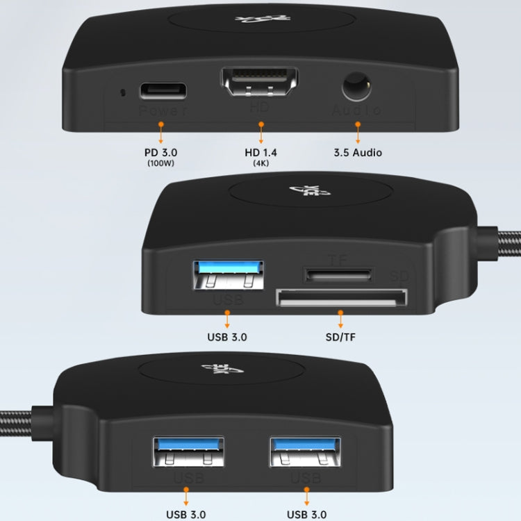YCE-Z70A Type-C to PD 3.0, USB 3.0x2 + SD/TF, 3.5mm and HD1.4 Docking Station Video Capture Card - Black