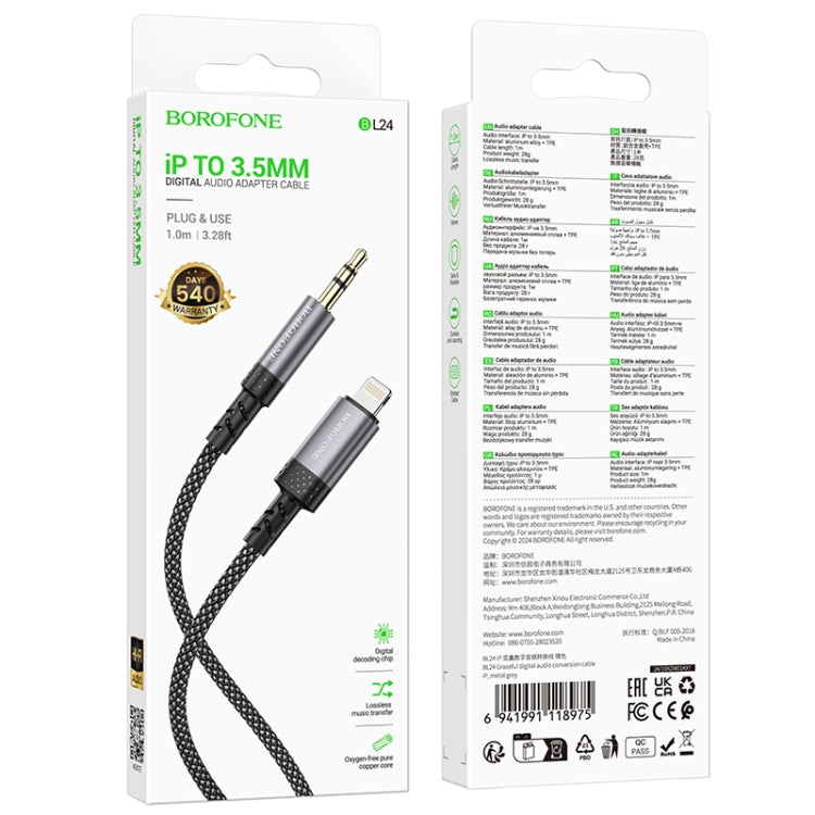 Borofone BL24 3.5mm to 8 Pin Graceful AUX Audio Cable, Length:1m - Gray
