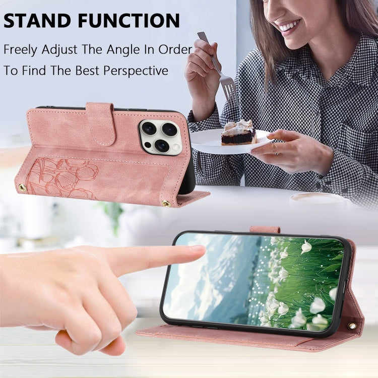 For iPhone 16 Pro Max Tulips Embossed Leather Phone Case with Lanyard