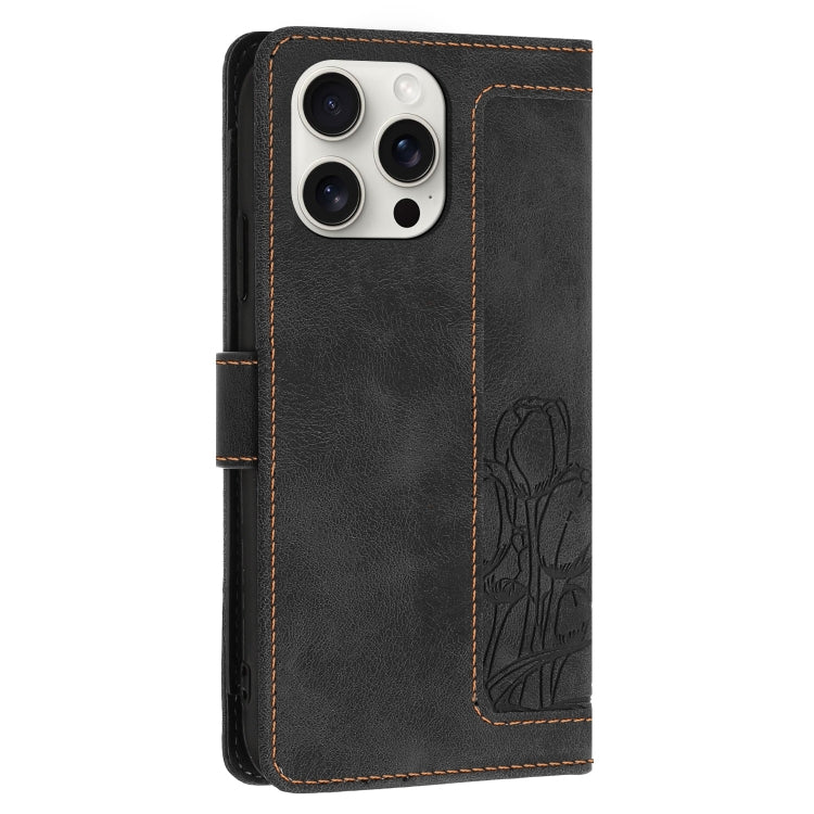 For iPhone 16 Pro Max Tulips Embossed Leather Phone Case with Lanyard