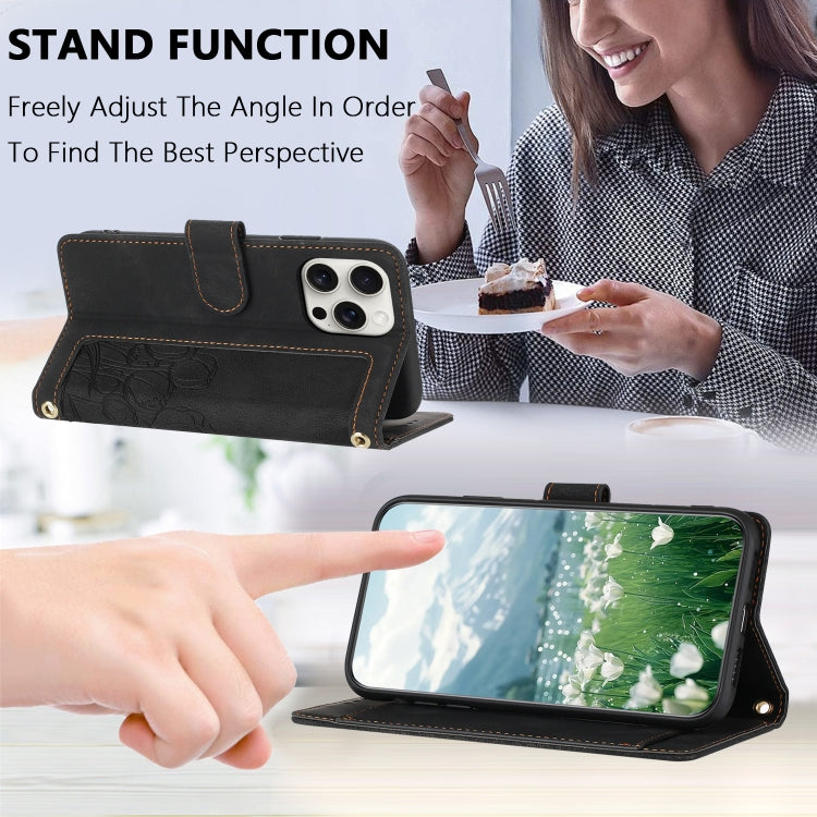 For iPhone 16 Pro Max Tulips Embossed Leather Phone Case with Lanyard