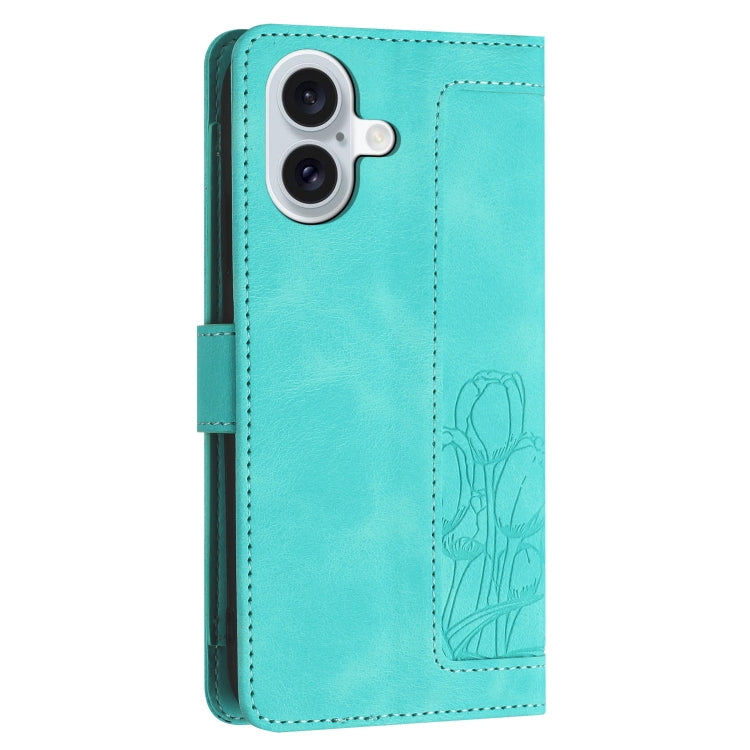 For iPhone 16 Plus Tulips Embossed Leather Phone Case with Lanyard
