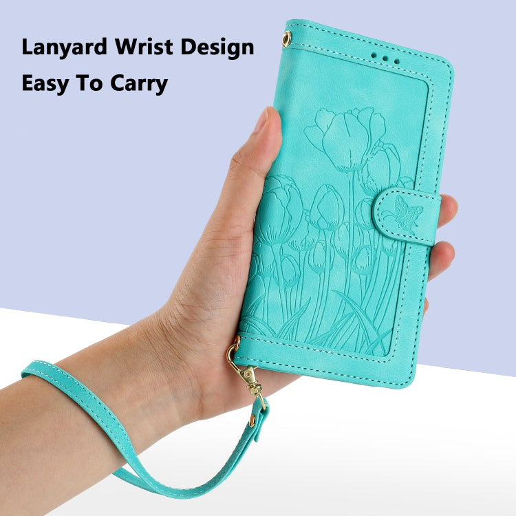For iPhone 16 Plus Tulips Embossed Leather Phone Case with Lanyard