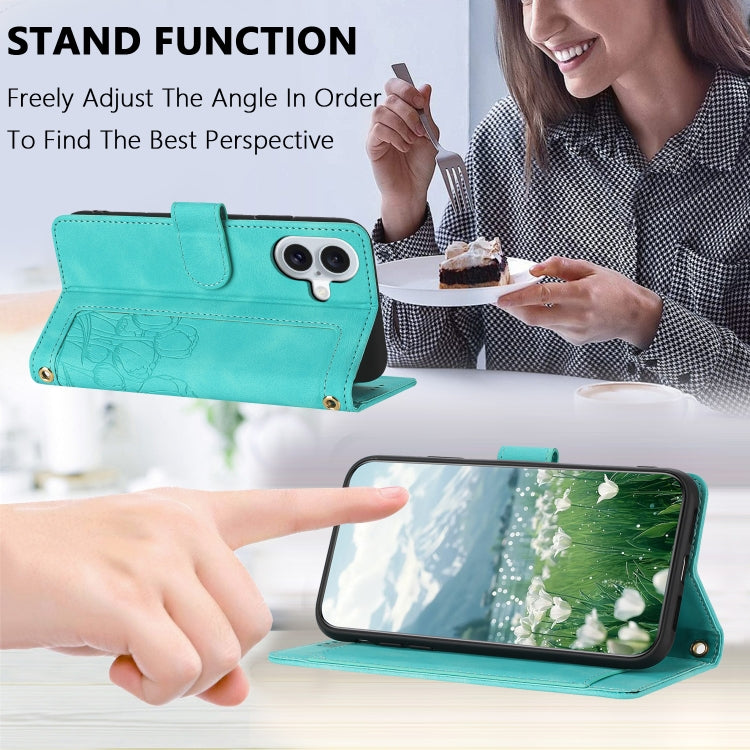 For iPhone 16 Plus Tulips Embossed Leather Phone Case with Lanyard