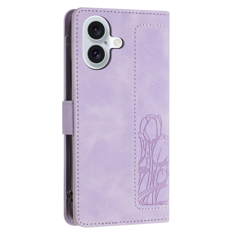 For iPhone 16 Plus Tulips Embossed Leather Phone Case with Lanyard