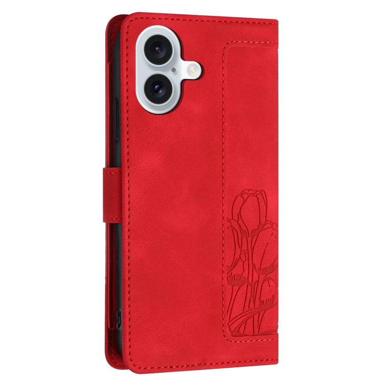 For iPhone 16 Plus Tulips Embossed Leather Phone Case with Lanyard