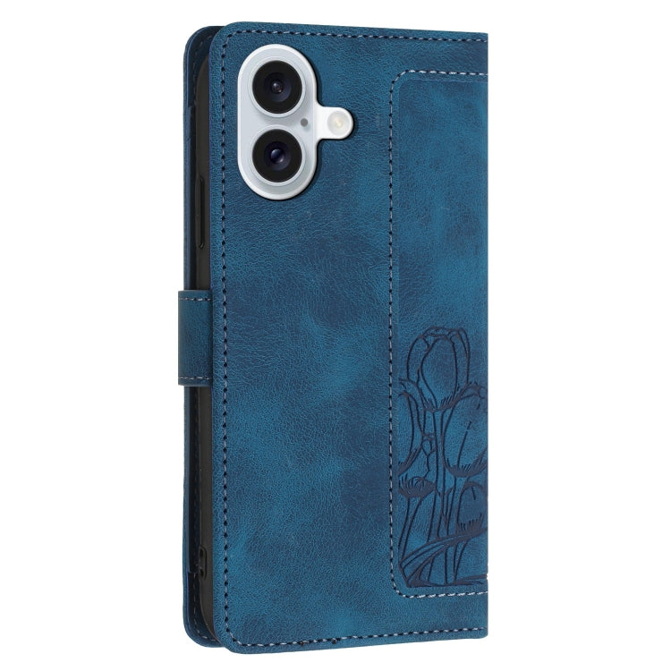 For iPhone 16 Plus Tulips Embossed Leather Phone Case with Lanyard