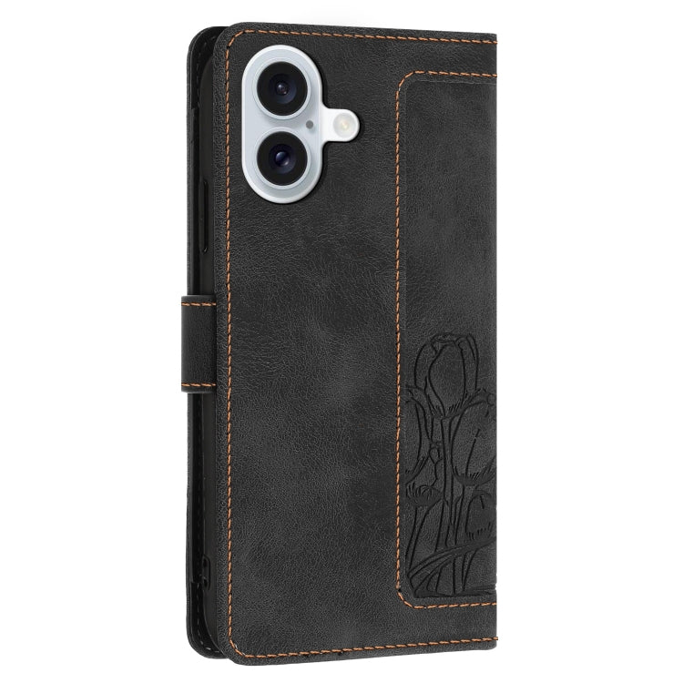 For iPhone 16 Plus Tulips Embossed Leather Phone Case with Lanyard