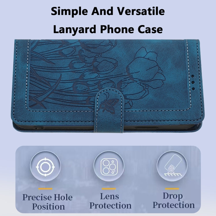 For iPhone 16 Tulips Embossed Leather Phone Case with Lanyard