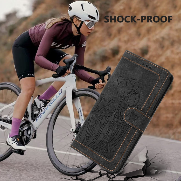 For iPhone 17e / 16e Tulips Embossed Leather Phone Case with Lanyard