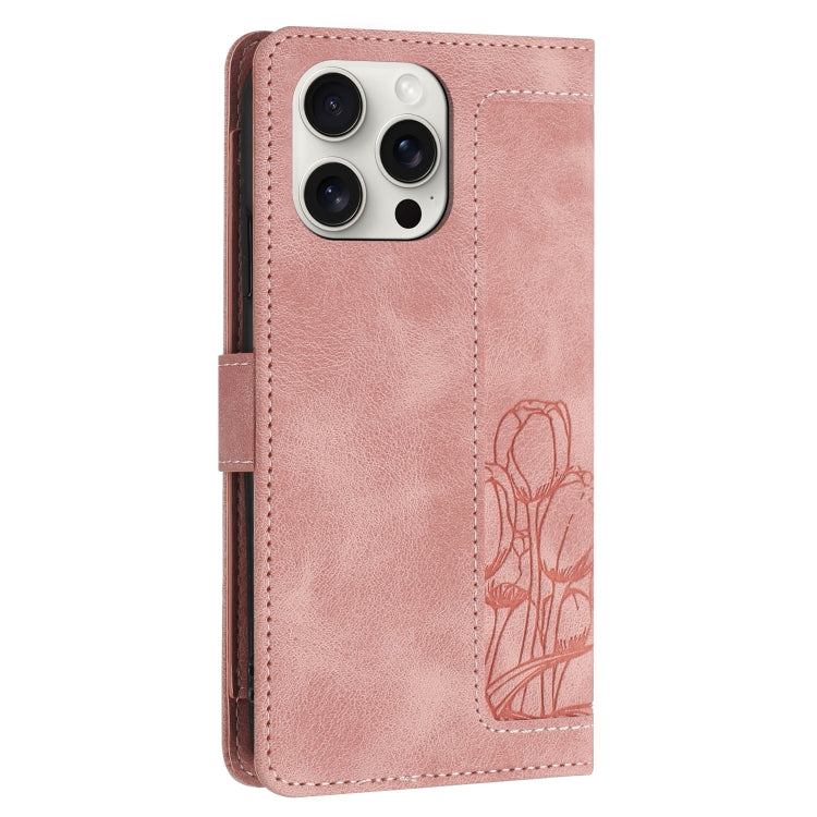 For iPhone 15 Pro Max Tulips Embossed Leather Phone Case with Lanyard
