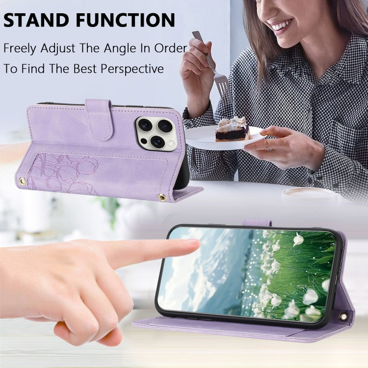 For iPhone 15 Pro Max Tulips Embossed Leather Phone Case with Lanyard