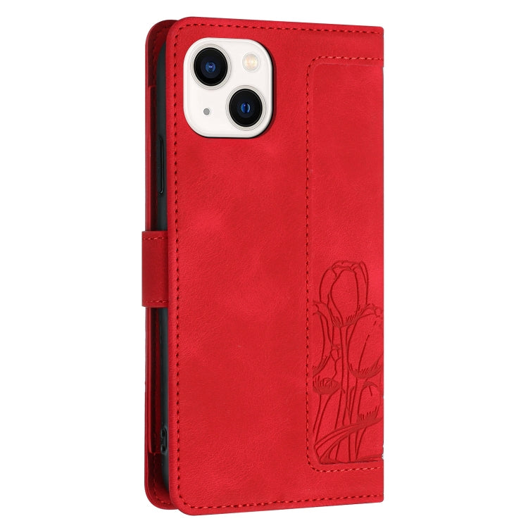 For iPhone 15 Plus Tulips Embossed Leather Phone Case with Lanyard