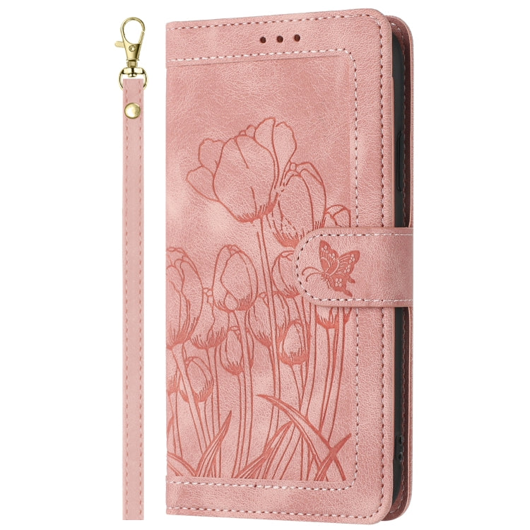 For iPhone 15 Tulips Embossed Leather Phone Case with Lanyard