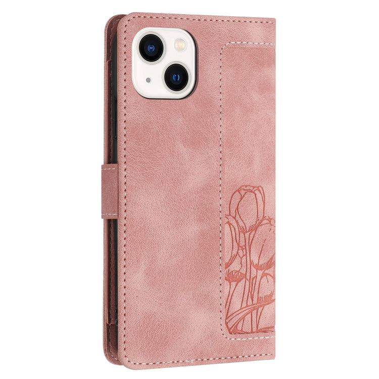 For iPhone 15 Tulips Embossed Leather Phone Case with Lanyard