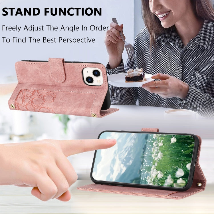 For iPhone 15 Tulips Embossed Leather Phone Case with Lanyard