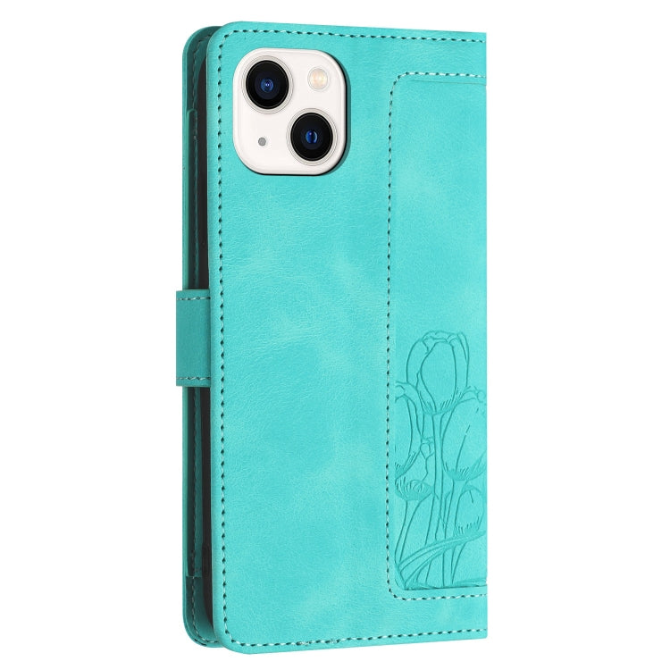 For iPhone 15 Tulips Embossed Leather Phone Case with Lanyard