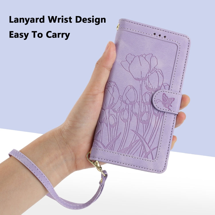 For iPhone 15 Tulips Embossed Leather Phone Case with Lanyard