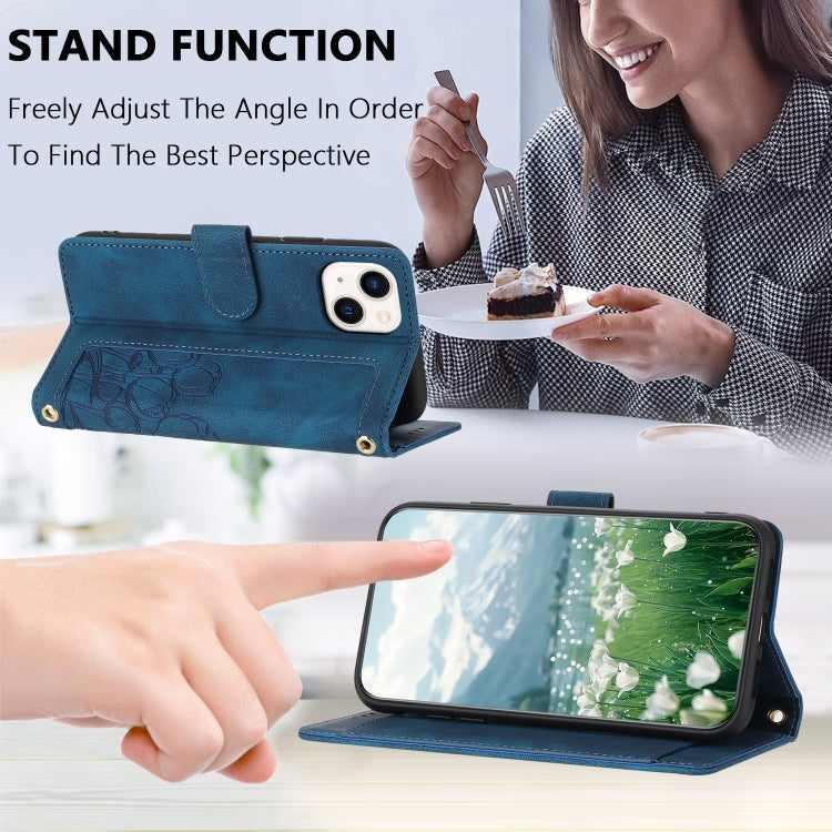 For iPhone 15 Tulips Embossed Leather Phone Case with Lanyard