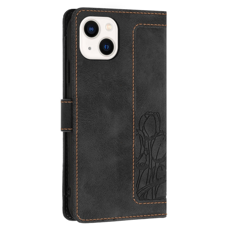 For iPhone 15 Tulips Embossed Leather Phone Case with Lanyard