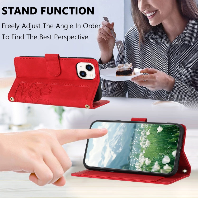 For iPhone 14 Plus Tulips Embossed Leather Phone Case with Lanyard
