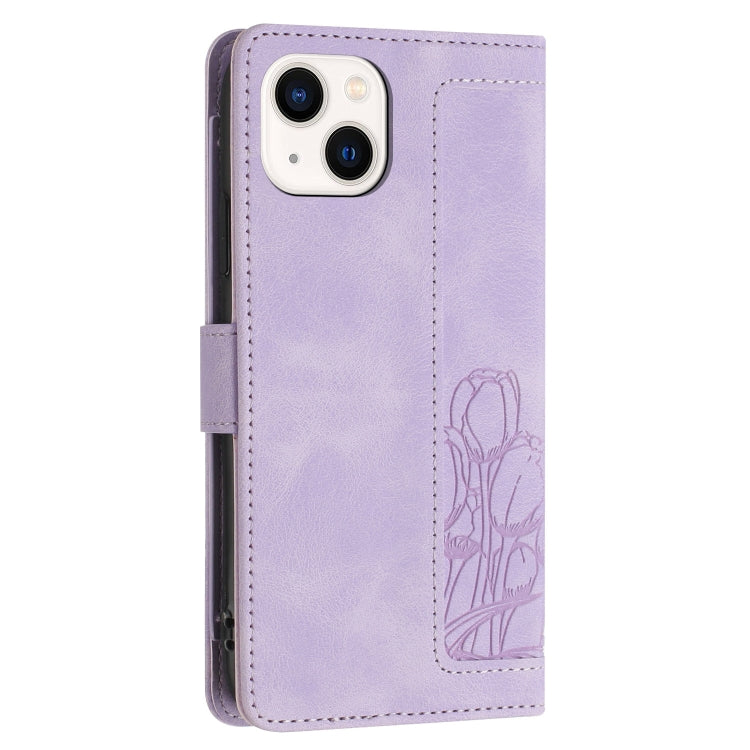 For iPhone 14 Tulips Embossed Leather Phone Case with Lanyard