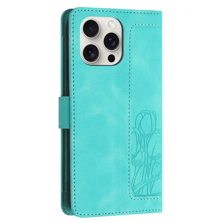For iPhone 14 Pro Max Tulips Embossed Leather Phone Case with Lanyard