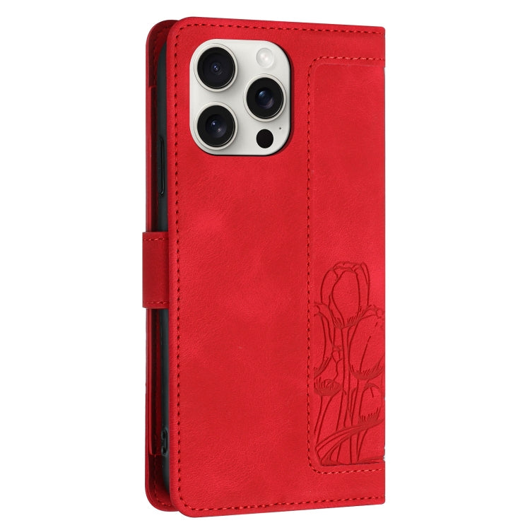 For iPhone 14 Pro Max Tulips Embossed Leather Phone Case with Lanyard