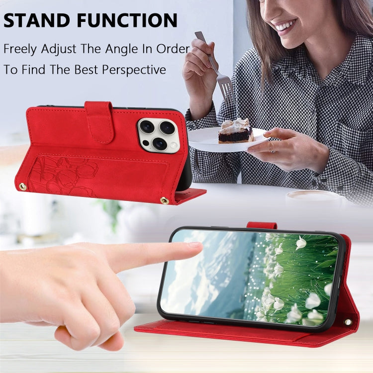 For iPhone 14 Pro Max Tulips Embossed Leather Phone Case with Lanyard