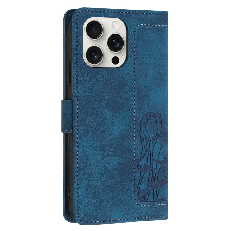 For iPhone 14 Pro Max Tulips Embossed Leather Phone Case with Lanyard