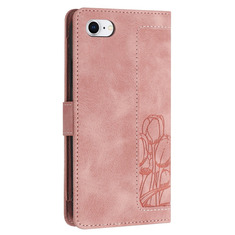 For iPhone SE 2022 / 2020 Tulips Embossed Leather Phone Case with Lanyard