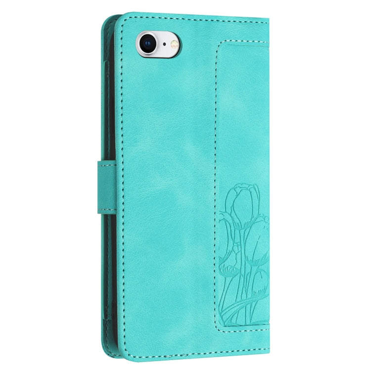 For iPhone SE 2022 / 2020 Tulips Embossed Leather Phone Case with Lanyard