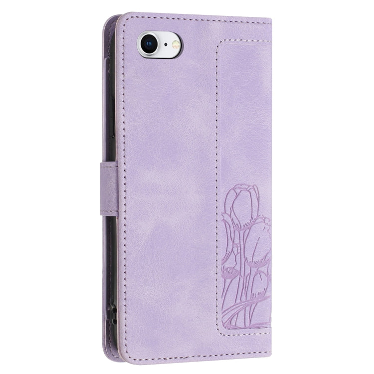 For iPhone SE 2022 / 2020 Tulips Embossed Leather Phone Case with Lanyard