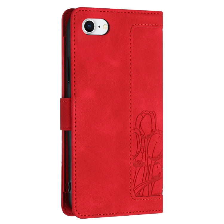 For iPhone SE 2022 / 2020 Tulips Embossed Leather Phone Case with Lanyard