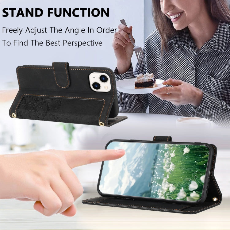 For iPhone 13 Tulips Embossed Leather Phone Case with Lanyard
