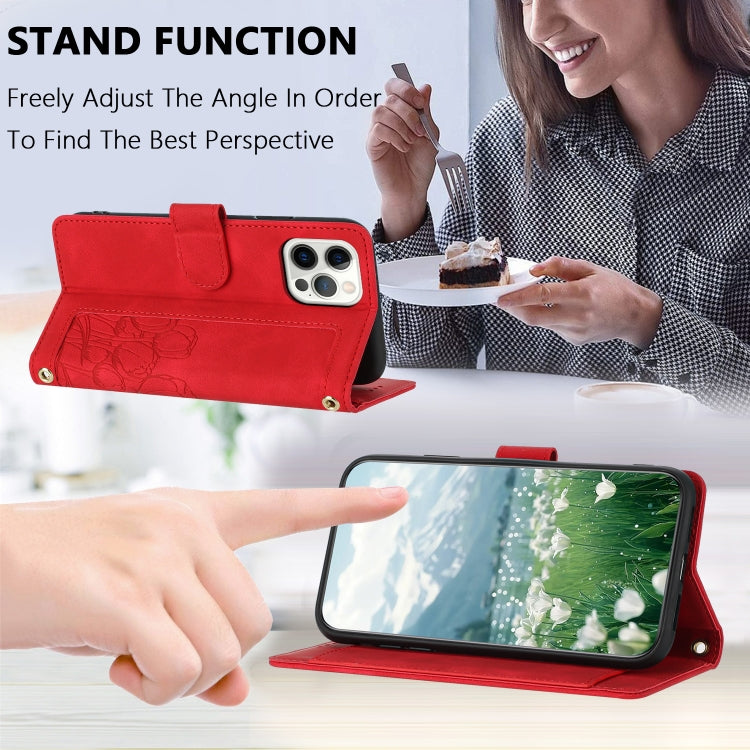 For iPhone 12 / 12 Pro Tulips Embossed Leather Phone Case with Lanyard