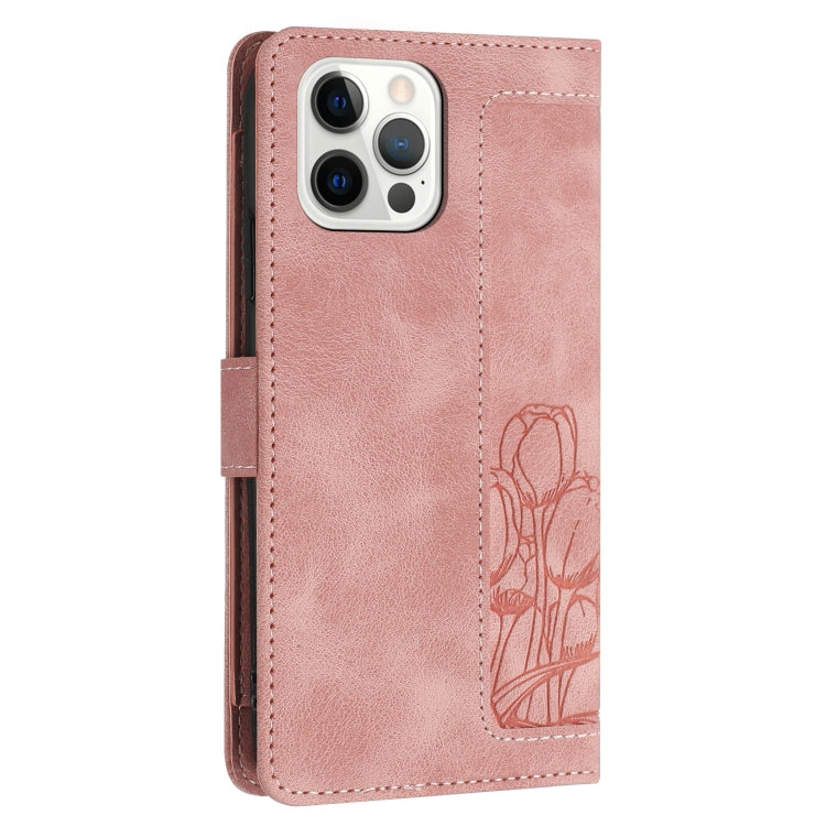 For iPhone 12 Pro Max Tulips Embossed Leather Phone Case with Lanyard