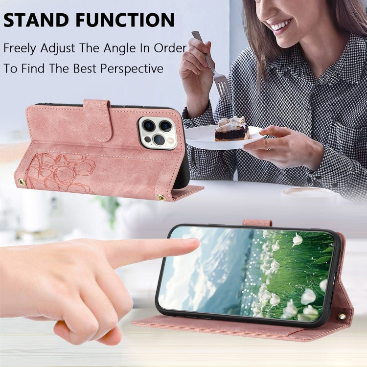 For iPhone 12 Pro Max Tulips Embossed Leather Phone Case with Lanyard
