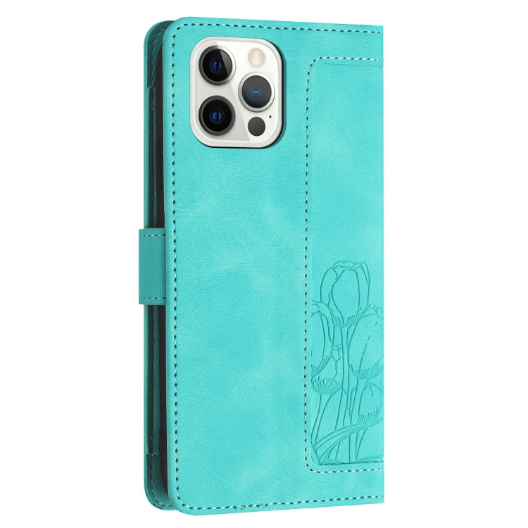 For iPhone 12 Pro Max Tulips Embossed Leather Phone Case with Lanyard