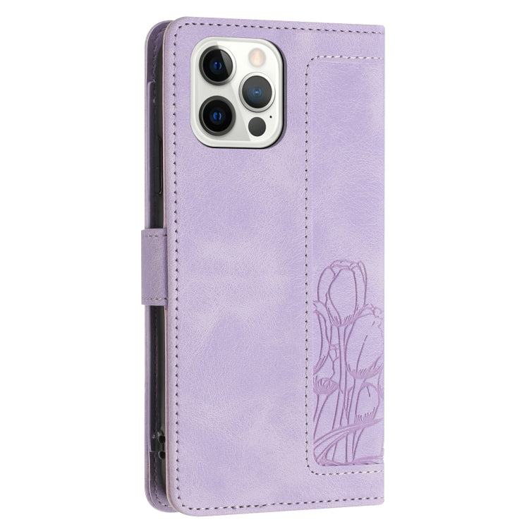 For iPhone 12 Pro Max Tulips Embossed Leather Phone Case with Lanyard