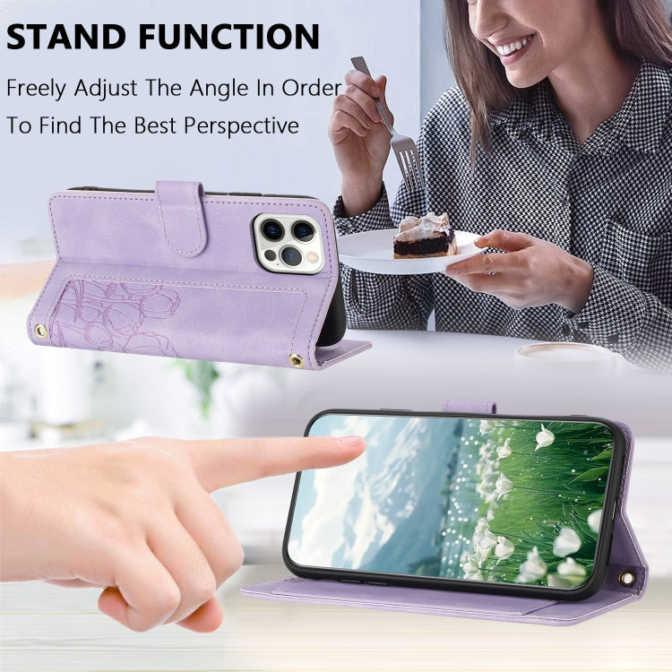 For iPhone 12 Pro Max Tulips Embossed Leather Phone Case with Lanyard