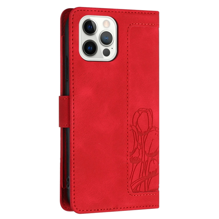 For iPhone 12 Pro Max Tulips Embossed Leather Phone Case with Lanyard
